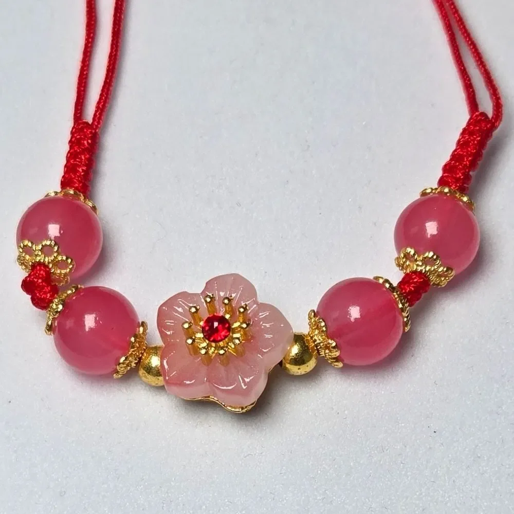 Lucky Red String Flower Bracelet Pink Beaded Adjustable Friendship Gift Feminine